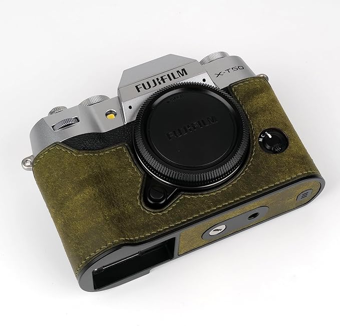 Handmade Genuine Leather Camera Half Case for Fujifilm X-T50 - Top Layer Cowhide Body + Hand Sewn Saddle Stitch + Metal Base Plate + Hand Shank Free 4-in-1 Design (Dark Green)