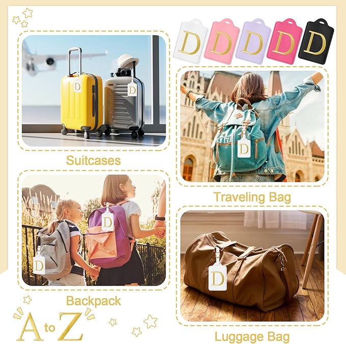 Initial Letter Luggage Tags for Suitcases, Embroidered Monogrammed Suitcase Luggage Identifier Name Tag, PU Leather TSA Approved Luggage Tags, Bag Tags for Men Women Kids Luggage Handbags(White D)