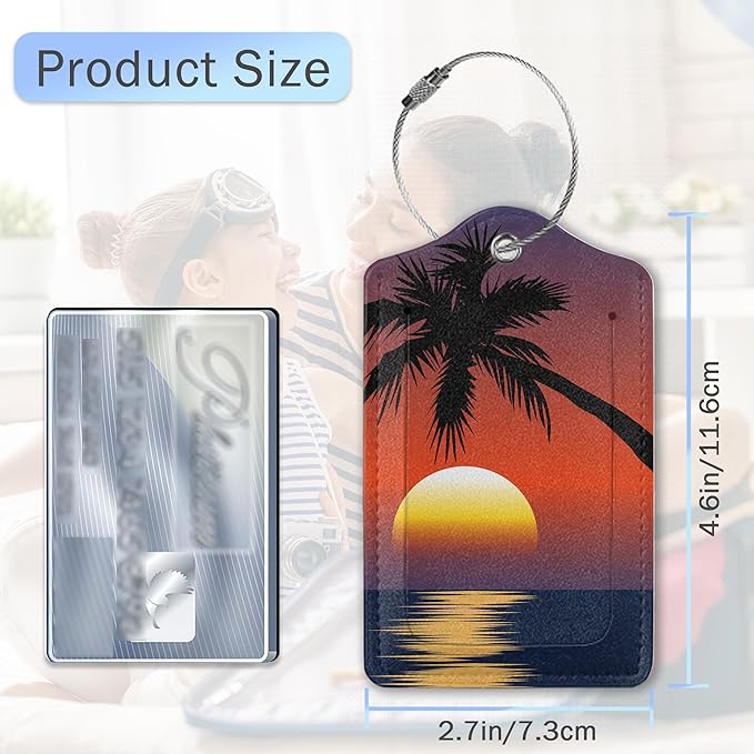 3 Pack Luggage Tags,Tropical Palm Sunset Sea Beach PU Leather Luggage Tags for Suitcase,Name ID Labels with Privacy Cover Suitcases and Metal Loop for Bag Suitcase