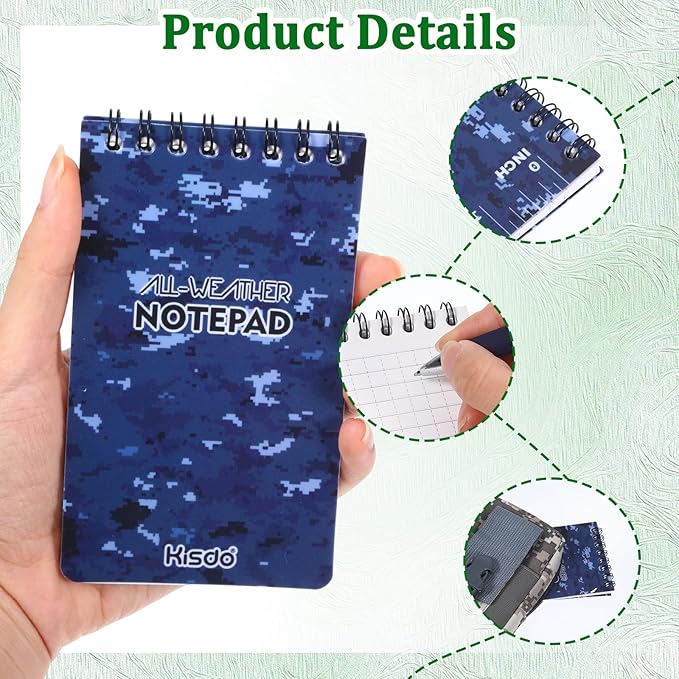 6 Pcs Waterproof Notebook Set, Write in The Rain Notebook, All Weather Notebook, Police Notepad, Field Notes Notebooks, 3 × 5" Pocket Notebook with Pen and Cover for Outdoor Activities Recording (Camouflage blue)