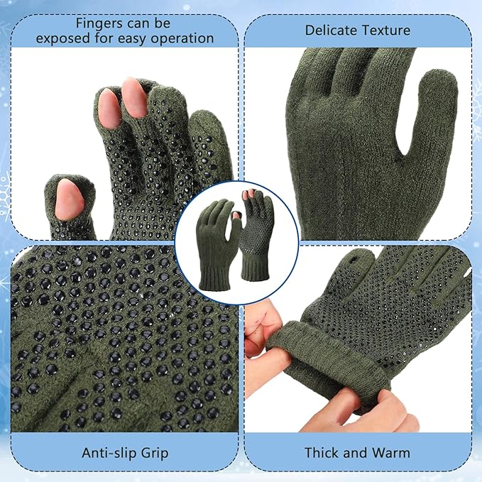 Geyoga 2 Pairs Wool Fingerless Fishing Gloves for Men Women Anti-Slip with Grip Dots Warm Winter Fly Ice Fishing Gloves