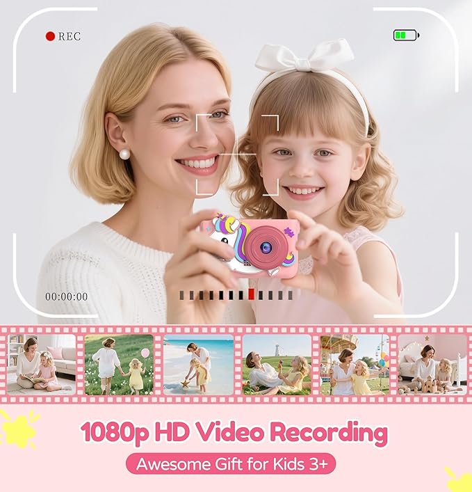 Kids Camera for Girls with Tripod & 32GB Card, 1080P HD Toddler Digital Video Camera, Portable Travel Toy Best Birthday Festival Gifts for Girl 3 4 5 6 7 8 9 10 Year Old