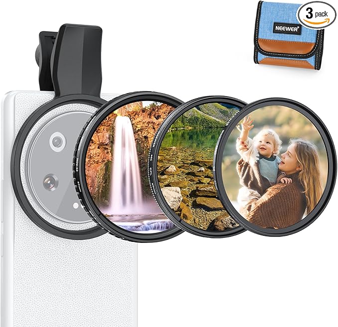 NEEWER 67mm Variable ND Filter Set Compatible with Android, 3 Pack Clip On CPL Circular Polarizing + ND2-32 + Black Diffusion 1/4 Phone Camera Lens Filter Photography Accessories Kit, FL-B38