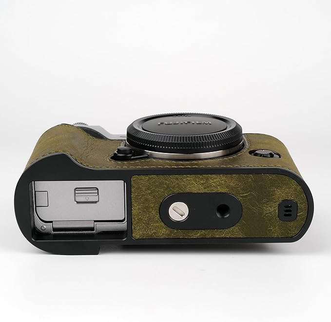Handmade Genuine Leather Camera Half Case for Fujifilm X-T50 - Top Layer Cowhide Body + Hand Sewn Saddle Stitch + Metal Base Plate + Hand Shank Free 4-in-1 Design (Dark Green)