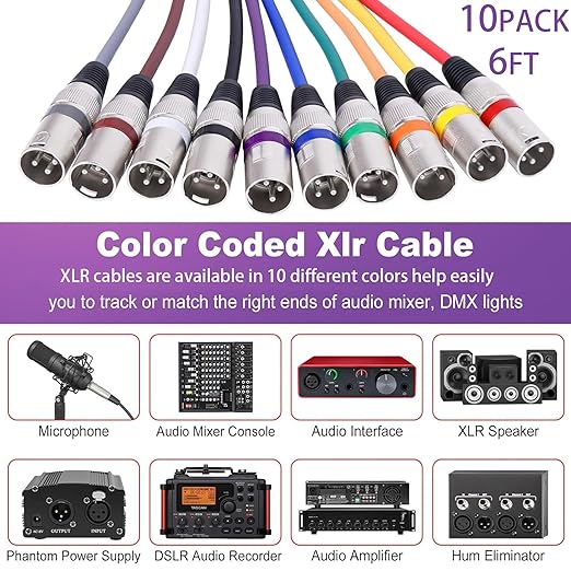 10 Color XLR Cable, Multicolor XLR Male to Female 6ft Audio Cables 10 Pack, 3 Pin Balanced XLR Microphone Cables Color Boots XLR Mic Cord Ideal for Microphones, Live Stage, Speaker, Audio Mixer
