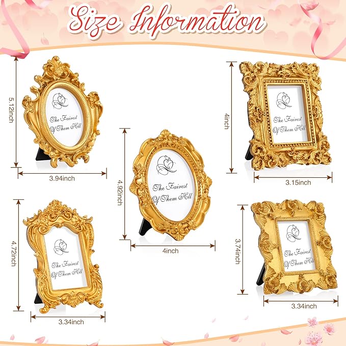 Maitys 10 Pcs Mini Picture Vintage Frames with Stands Tiny Antique Photo Baroque Ornate Resin Oval Frame Table Top Display Home Wedding Decor (Gold)