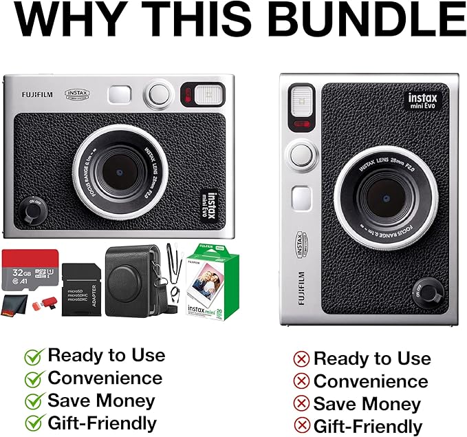 Fujifilm Instax Mini EVO Hybrid Instant Camera (Black) Bundle with Instax-Mini Twin Pack Instant-Film 20 Sheets + 32GB Memory Card + Vintage Black Mini-Evo Camera Case + Cleaning Cloth