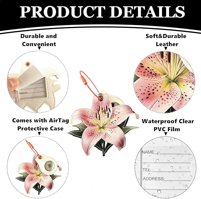 Cute Leather Luggage Tag Holder with Airtag Case Set,Hidden Compartment for AirTag Travel Suitcase Tracking Case with Stainless Steel Loop,Name ID Label(Lily)