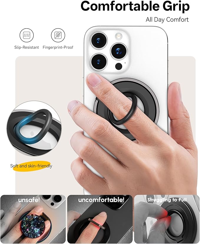Magnetic Phone Grip for MagSafe Ring Holder, 360° Rotation Magnetic Phone Ring Grip Stand Finger Kickstand, Compatible with MagSafe Accessories for iPhone 17 Pro/Max 16/15 Air