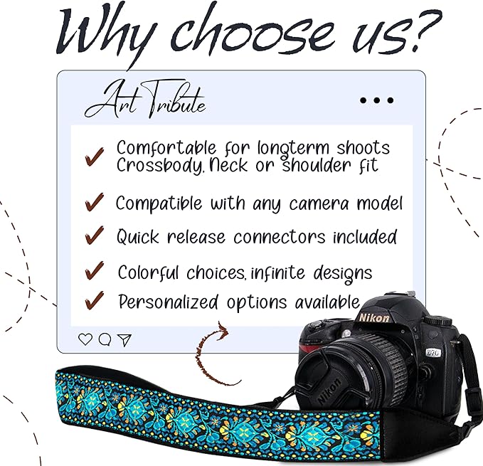 Art Tribute Camera Strap for All DSLR and Mirrorless Cameras. Add Your Name Or Initials Make It a Personalized Gift