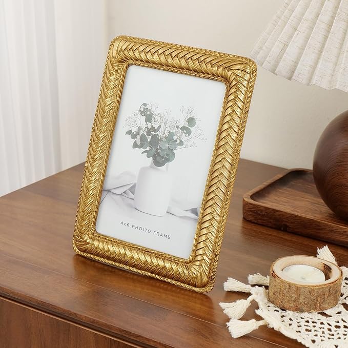 Cuspin Gold 4x6 Picture Frame, Ornate Decorative Rattan Resin Photo Frame, Gold Frames Braided Design for Tabletop Display or Wall Hanging, Elegant Home Decor