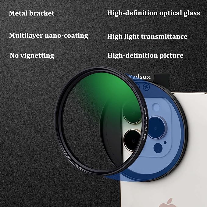 67mm CPL Polarizing Lens for Phone Camera - Universal Metal Filter Adapter with Hot Shoe Mount & Selfie Mini Light - Eliminate Glare & Boost Color Saturation for iPhone 16/15/14 Samsung Galaxy 24/23