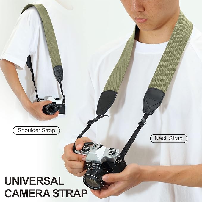 Padwa Lifestyle Light Green Camera Strap - 2" Wide Cotton Woven Genuine Leather Head Camera Straps,Complimentary 2 Pcs Quick Release Clips for All DSLR/SLR Cameras, Binoculars and Drone Remote Control