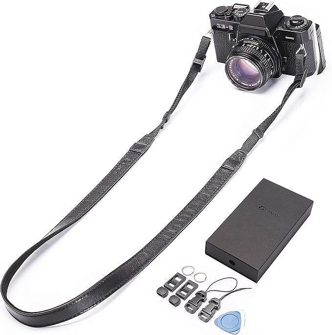 CANPIS CP008 Leather Camera Shoulder Neck Strap compatible with Canon Nikon Leica Fuji Sony Olympus etc. Black Color, Adjustable Length, Slim with Flocking Comfortable Pad
