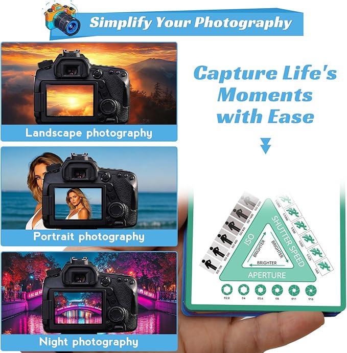 OCQOTAT Photography Cheat Sheet for DSLR Camera Accessories for Canon Nikon Sony,Quick Reference Cards Photographers Book for Beginners,Settings,Exposure, Modes,Composition,Lighting, etc.4×3 Inch