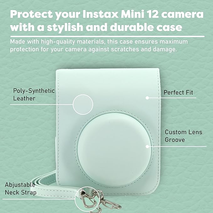 Fujifilm Instax Mini 12 Instant Camera Bundle with Fujifilm Instax Mini Instant Film Value Pack (60 Sheets) with Accessories Including Protective Case, Strap, Photo Album (Mint Green)