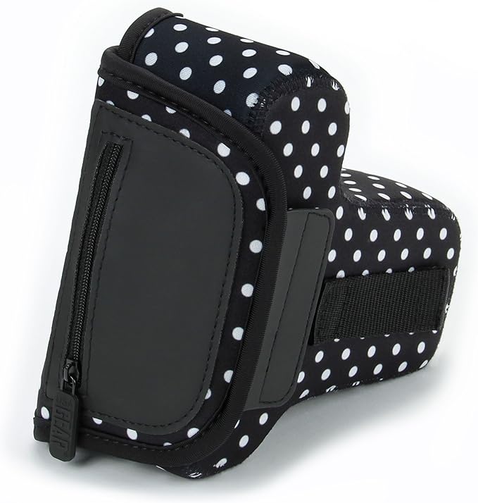 USA Gear Camera Sleeve (Medium) for Compact SLRs Compatible with Canon EOS R100 Nikon Z30 Sony ZV-E10, and more - Padded Neoprene DSLR Case with Zipper Accessory Pocket & Belt Loop (Polka Dot)