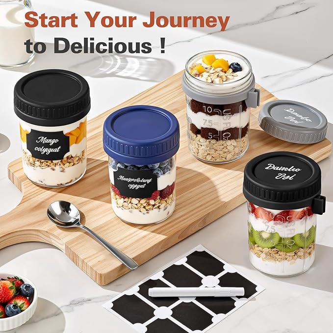 Cozyverge 6 Pack Overnight Oats Containers with Lids and Spoons, 16 oz Airtight Oatmeal Container with Measurement Marks, Overnight Oats Jars Large Capacity Airtight Jars for Milk, Cereal, Fruit