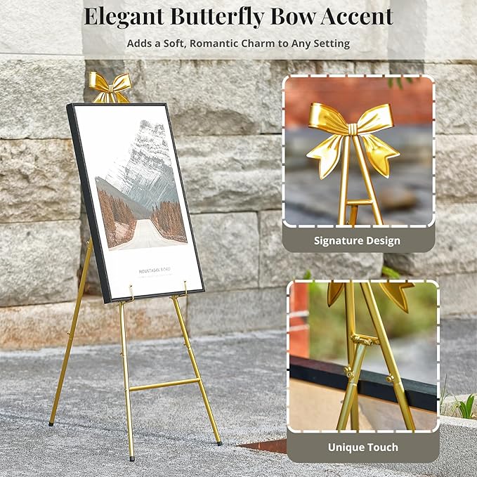 53”H Metal Gold Easel Stand for Sign, Large Adjustable Display Standing with Butterfly Bow Top for Wedding Displaying Pictures Poster Holder Showcasing