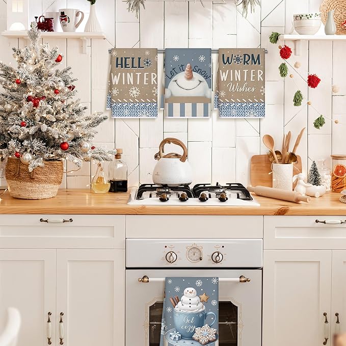 Preboun 6 Pcs Winter Snowman Kitchen Towels Christmas Snowman Cocoa Hand Towels Hello Winter Dish Cloth Decorative Farmhouse Xmas Tea Cloth Absorbent for Holiday Kitchen Bathroom Decor
