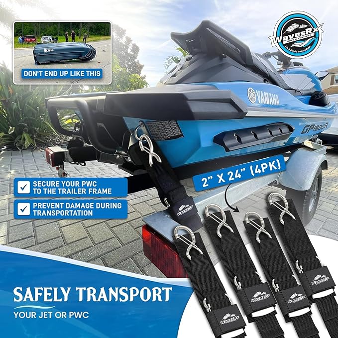 WavesRx Premium Boat & Jet Ski Trailer Transom Straps - Marine Tie Downs - Adjustable via Quick Release Buckle - Must Have Boating Accessories for Safe and Secure Transportation of Your Watercraft
