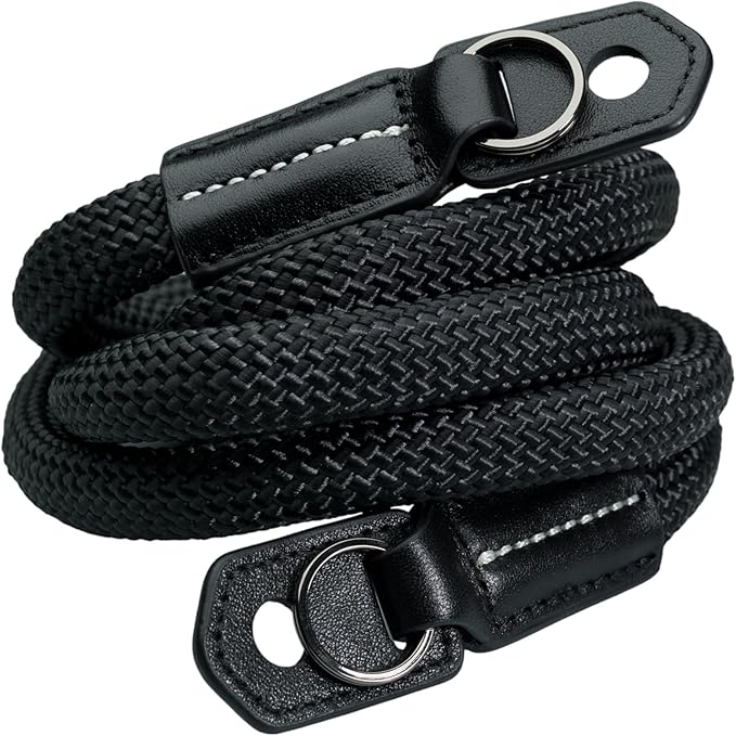 Vi Vante Sheetline Black Rope Camera Strap w/Nappa Leather Ends built in tension relief & electroplated key rings (Black w/White Stitching)