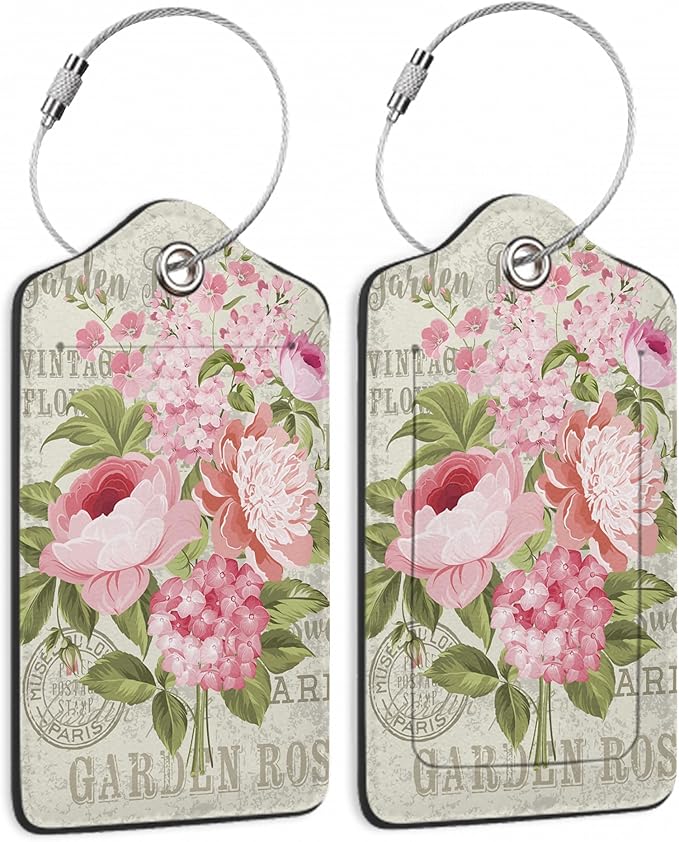 Luggage Tags for Suitcase,2 Pack Pink Rose Flower Vintage Luggage Tag Leather Privacy Cover ID Label with Stainless Steel Loop for Women Men Kids Girls Travel
