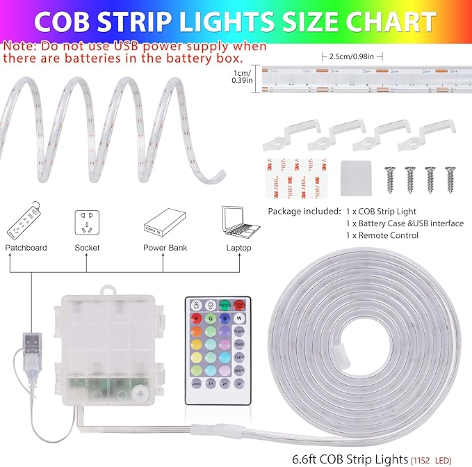 OMIKA 6.6FT 1152LEDs RGB COB LED Strip Lights Battery Powered, Remote Control Dimmable Color Changing Battery LED Strip Lights Cuttable Flexible for Outdoor Indoor Decoration