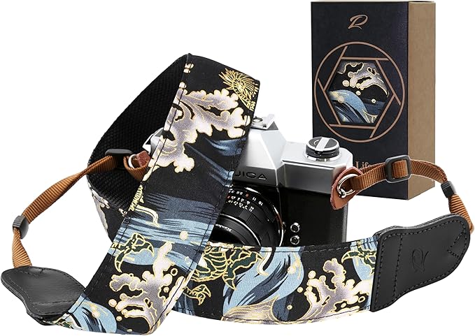 Padwa Lifestyle Blue Wave Camera Strap - 2" Cowhide Leather Head Cotton Camera Straps for Photographers,Vintage Japanese Art Print Adjustable Neck & Shoulder Strap for ALL DSLR/SLR Cameras
