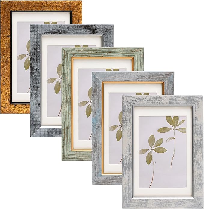 Fixwal 4x6 Picture Frame Set of 5, Vintage Photo Frame, Rustic Retro Picture Frame with Tempered Glass, Decorative Art on Walls and Tabletop Placement