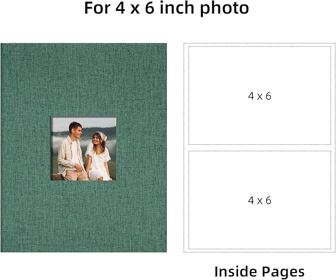 Remowith Cloth Cover Photo Album 4x6 with DIY Square Window Slip in Photo Book for Travel, Wedding, Anniversary 200 Pockets Dark Green