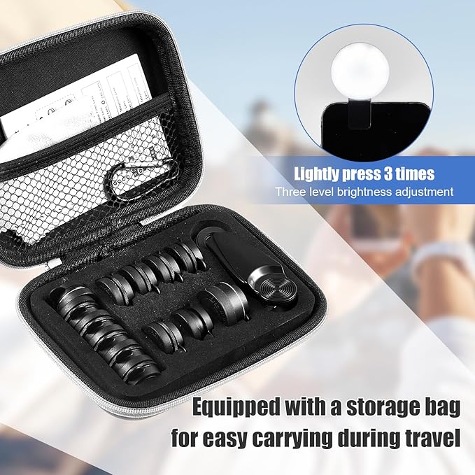 16 Pcs Phone Camera Lens Kit 16 in 1 with Selfie Light Universal Clip on Cell Phone 198 Degree Fisheye Wide Angle Macro Kaleidoscope CPL Lens Attachments Compatible with Most Phones