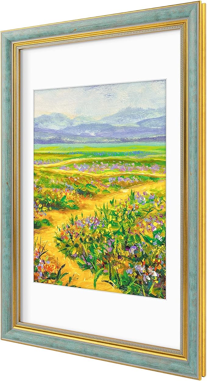 Golden State Art,11x17 Ornate Picture Frame for 9x12 Photo With Mat or 11 x 17 Prints Without Mat, Real Glass Wall Display Horizontally or Vertically (Color:Distressed Blue Gold)