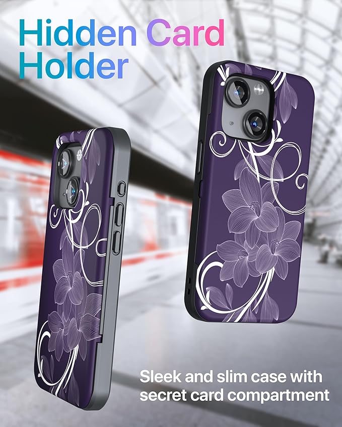 TORU for iPhone 15 Wallet Case with Card Holder, Hidden ID Credit Card Slot Flip Kickstand, Slim Fit Shockproof Heavy Duty Phone Cover with Strap - Floral Pattern Flowers