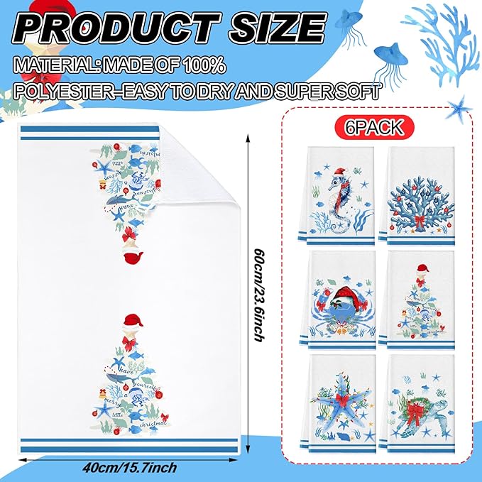 Preboun 6 Pcs Christmas Kitchen Towels Beach Coastal Christmas Decor Ocean Decorative Hand Towels Blue Red Dish Cloth Farmhouse Tea Cloth Kitchen Accessories Bathroom Decor Holiday