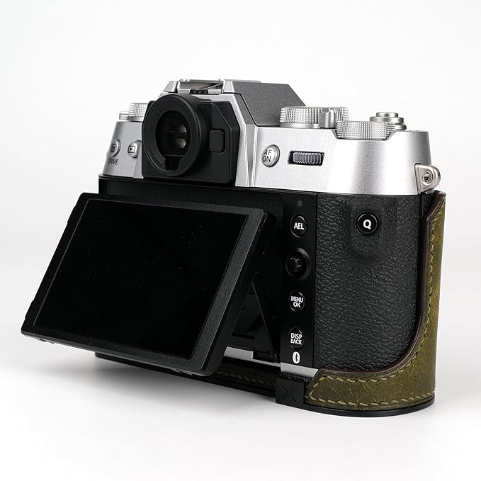 Handmade Genuine Leather Camera Half Case for Fujifilm X-T50 - Top Layer Cowhide Body + Hand Sewn Saddle Stitch + Metal Base Plate + Hand Shank Free 4-in-1 Design (Dark Green)