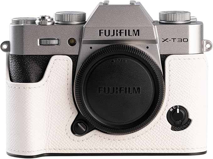 Handmade Genuine Leather Camera Half Case for FUJIFILM X-T30III /FUJIFILM X-T30III Camera Case/FUJIFILM X-T30III Case - Top Layer Cowhide Body + Metal Base Plate (White)