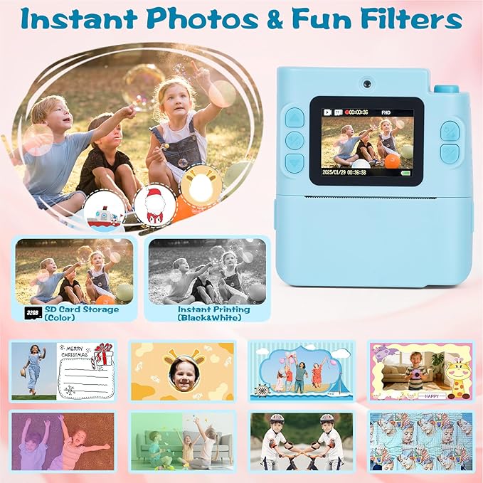 Kids Camera Instant Print, 1080P HD Dual-Lens Selfie Digital Camera with 5 Printing Paper Rolls & 32G TF Card, for Children, Portable Toddler Toy for Age 3-12 Boys & Girls (Blue)