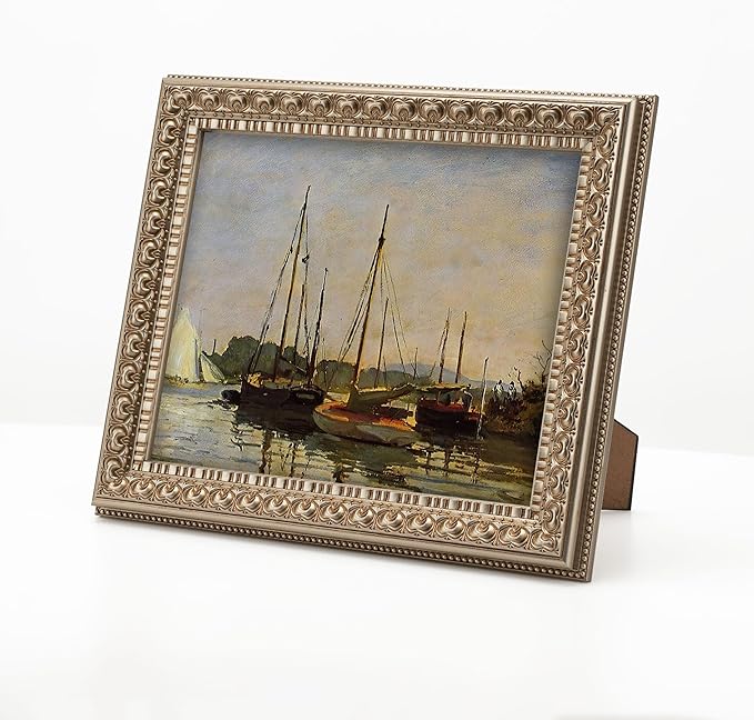 8x10 in Antique Silver Ornate Vintage Wood Picture Frame, Matted for 5x7 Photos, Real Glass Protection, Tabletop or Wall Mounting Display