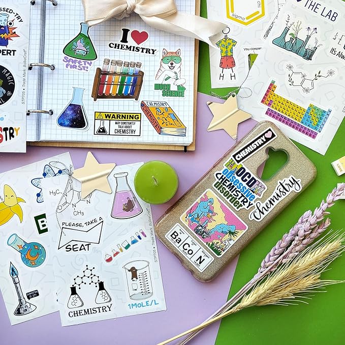 BulbaCraft 100Pcs Funny Chemistry Stickers for Laptop, Chemistry Computer Stickers, Lab Decals, Science Themed Presents, Gifts for Women & Men