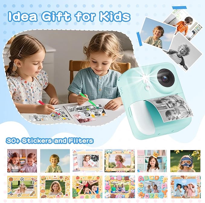 Kids Camera Instant Print Color Photos, Dual-Lens Instant Print Camera for Kids, Toddler Portable Travel Digital Camera Toy for 6 7 8 Year Old Boys Girls Christmas Birthday Gifts 64GB Card
