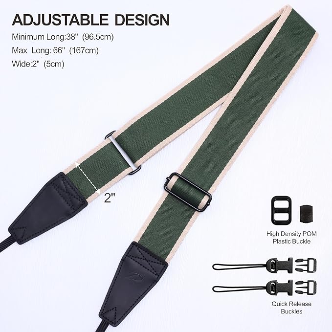 Padwa Lifestyle Adjustable Camera Strap - 2" Top Layer Cowhide Head Camera Straps for Photographers,Soft Cotton Crossbody Strap with Quick Release fits All Cameras - Green Stripe