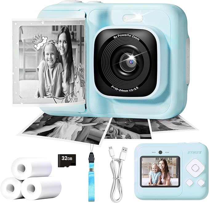 ETIKEZ Kids Camera, 1080P Instant Digital Print Camera for Kids, Christmas Birthday Gifts for 4 5 6 7 8 9 10 Year Old Girls Boys, Portable Toy with 32GB SD Card & 3 Rolls Printing Paper, Blue