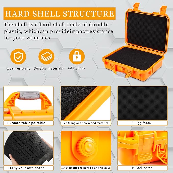 Relaxweex 1 Pcs 8.5 x 6.5 x 3.7 Inch Waterproof Hard Case with DIY Customizable Foam Insert Portable Protective Case with Knife for Camera Drones Equipments Tools Test Instruments (Orange)