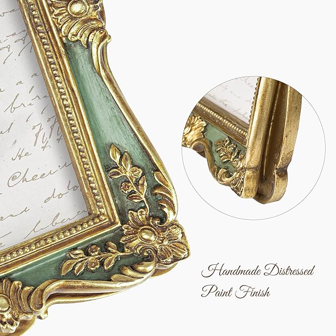 AELS 4x6 Inch Vintage Picture Frame, Elegant Antique Photo Frames with Glass Front, Photo Display, Tabletop Wall Hanging, Gift Ideas, Gold and Green