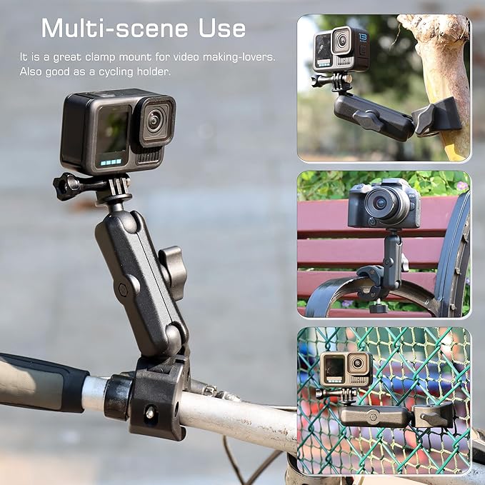 GEPULY Super Clamp Mount with Dual Ballheads & Phone Holder 20-50mm for GoPro Hero Series, Insta360, DJI OSMO Action Cameras, DSLR, Motorcycle, Handlebar, Desk, LED Light, Flash Light