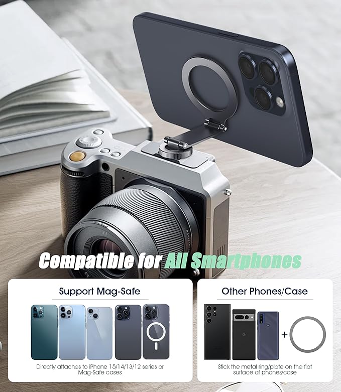 Orzero Camera Cold Shoe Magnetic Phone Holder Flexible Phone Tripod Mount Adapter for DJI Ronin SC Google Pixel 10 / iPhone 16/15/14/13/12Series Samsung Canon Nikon DSLR Photography Accessories (Grey)