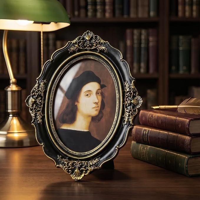 Cuspin 5x7 Picture Frame Black and Gold, Vintage Ornate Baroque Resin Photo Frame with Glass Front for Wall Hanging or Tabletop Display, Oval Frames for Horizontal or Vertical