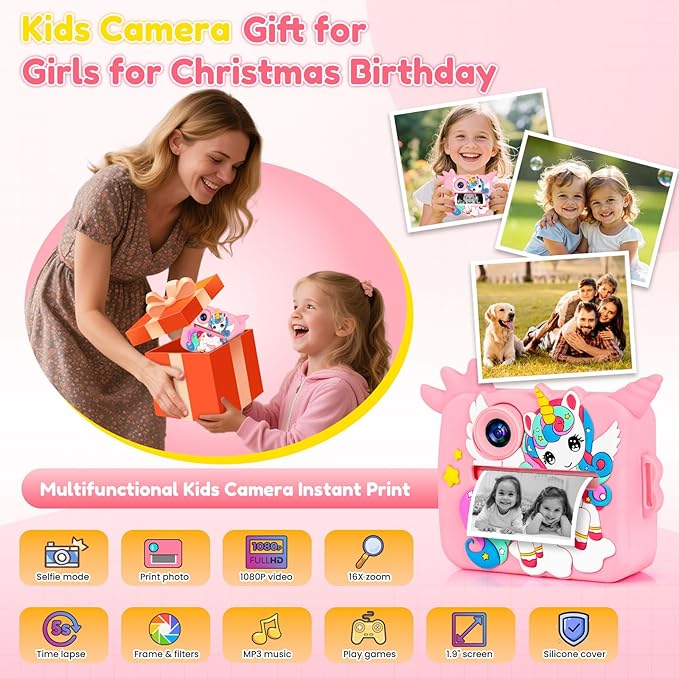 OTJ Kids Camera Instant Print for Girls Boys - Selfie Toddler Digital Toy Camera Gift Set, Christmas Birthday Gifts for 3 4 5 6 7 8 9 10 Years Old Kids