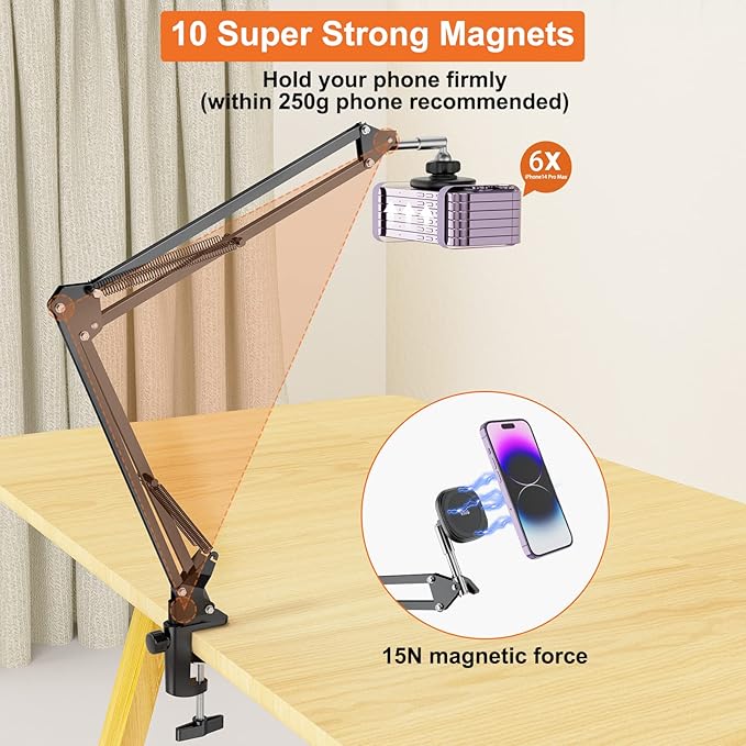 VRIG Overhead Phone Mount Stand with Magsafe, Articulating Arm Cell Phone Holder for Desk, Cell Phone Holder for Live Streams, Zoom Calls, Online Teaching, Selfies, Remote Working